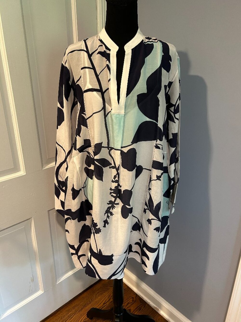 La Ligne Silk Dress, Short, Abstract Floral, Size Large, Blue, green, white
